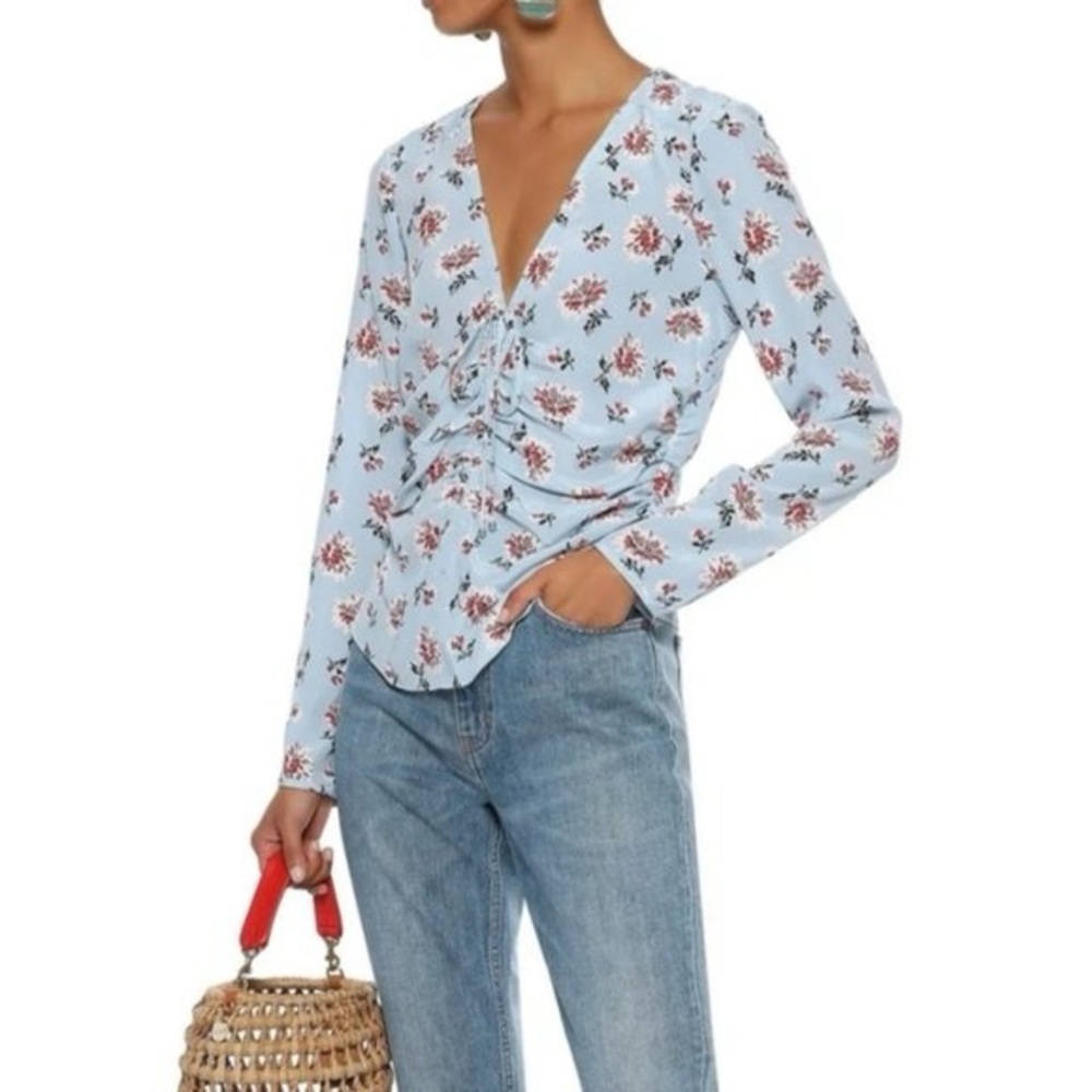 Veronica Beard Silk Floral Rouched Blouse
